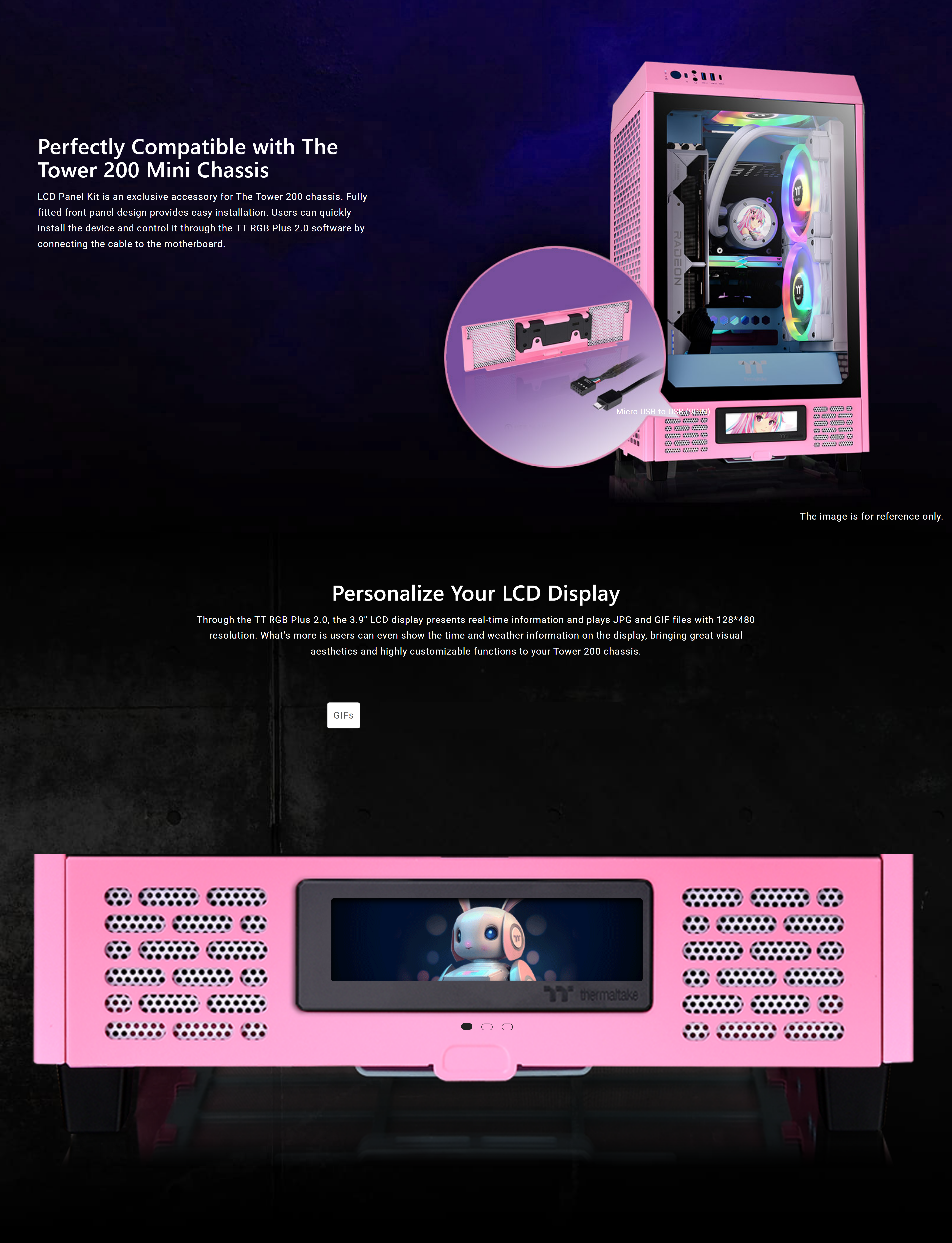 A large marketing image providing additional information about the product Thermaltake LCD Display Panel Kit for The Tower 200 (Bubble Pink) - Additional alt info not provided